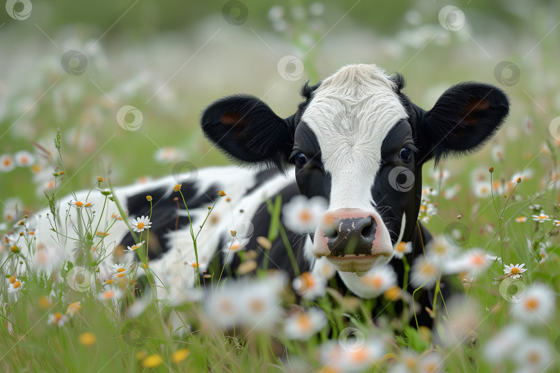 Скачать Заметил красивую корову, лежащую на зеленом лугу и смотрящую в камеру фотосток Ozero