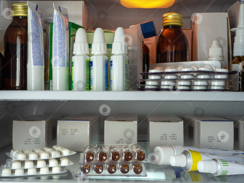 Скачать На двух полках холодильника расположены таблетки в блистерах, ампулах, настойки, гели, мази и другие лекарственные средства в различных упаковках. Медицинская справка для аптек, бизнеса, больниц. фотосток Ozero