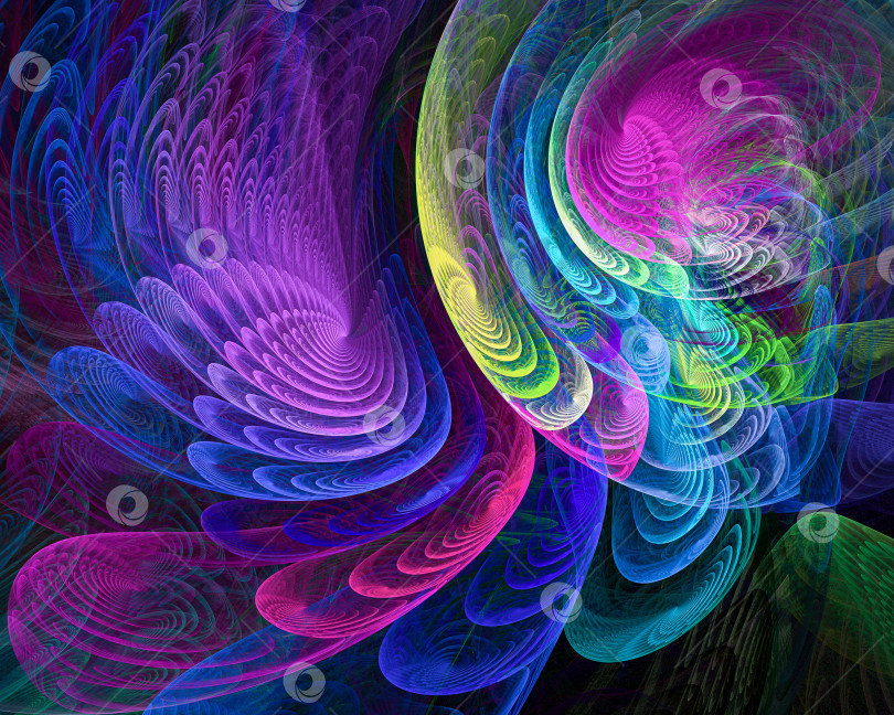 Скачать Разноцветные абстрактные перья расположены кругами на черном фоне. 3d-рендеринг. 3d-иллюстрация. Абстрактный фрактальный фон. фотосток Ozero