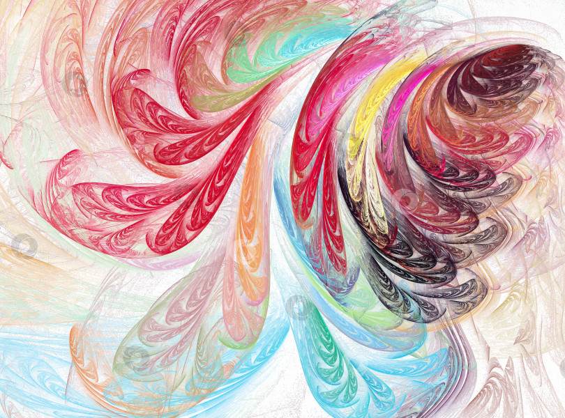 Скачать Разноцветные перья расположены по диагонали в перспективе на светлом фоне. 3d рендеринг. 3d иллюстрация. Абстрактный фрактальный фон. фотосток Ozero