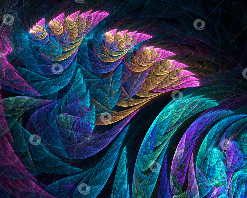 Скачать Абстрактные разноцветные листья расположены гребешками и волнами на черном фоне. 3d-рендеринг. 3d-иллюстрация. фотосток Ozero