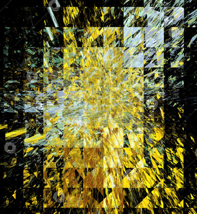 Скачать Желтые брызги из центра поверх серых прямоугольников в ряд на черном фоне. Абстрактный фрактальный фон. 3d рендеринг. 3d иллюстрация. фотосток Ozero