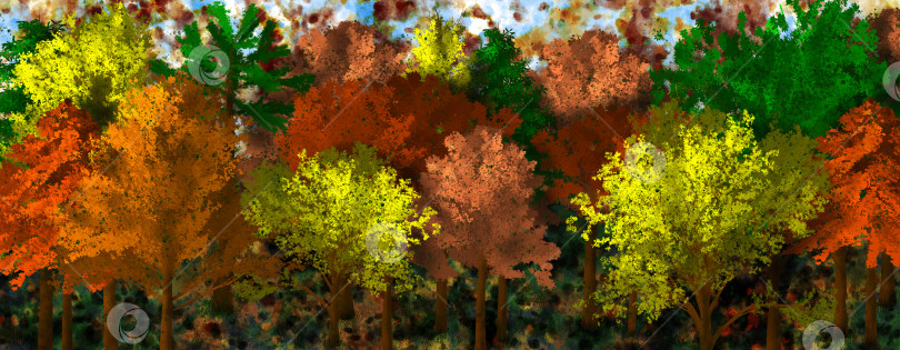 Скачать Красочный осенний лес с разноцветными деревьями. Имитация акварельной живописи. Яркий абстрактный природный фон с осенними красками. 3d рендеринг. 3d иллюстрация. фотосток Ozero