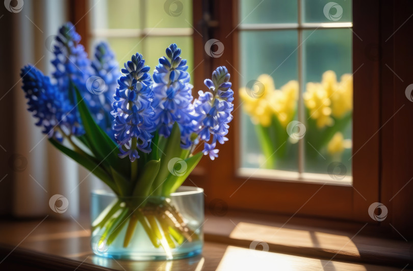 Скачать Букет голубых гиацинтов в вазе у окна. Весна, Цветение, Подарок на День рождения, День матери фотосток Ozero