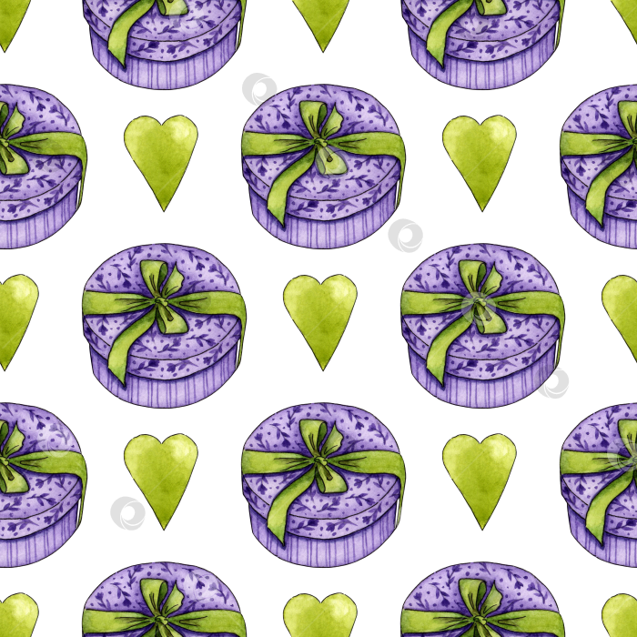 Скачать Акварельный узор в виде фиолетовой коробки и зеленого сердечка фотосток Ozero