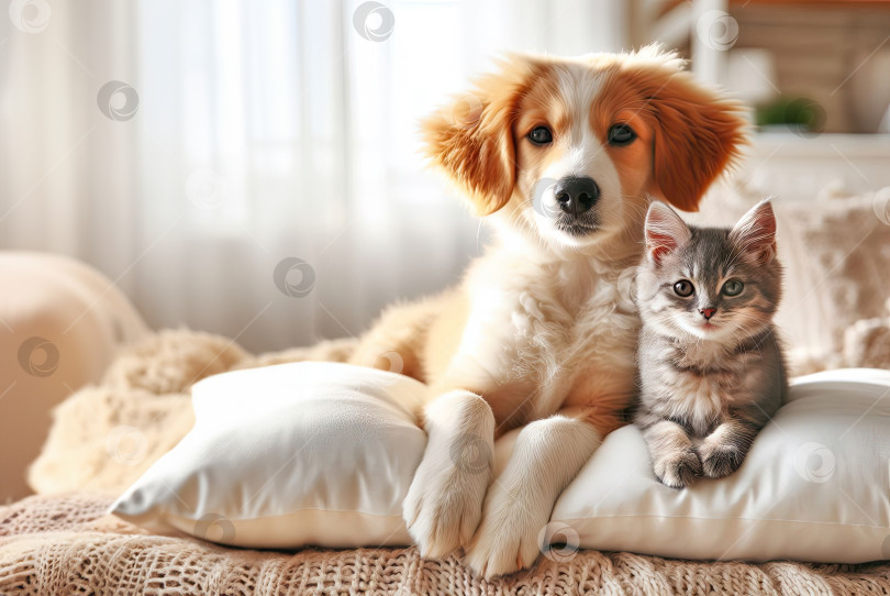 Скачать Очаровательные щенок и котенок лежат вместе в любовных объятиях, в светлой комнате. фотосток Ozero