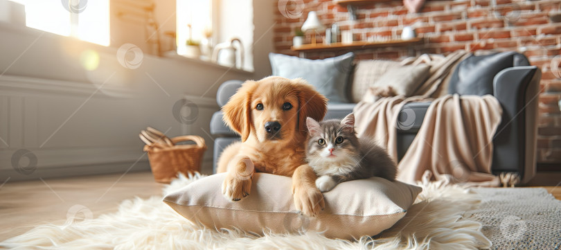 Скачать Котенок и щенок сидят вместе на диване в светлой комнате на диване, глядя фотосток Ozero