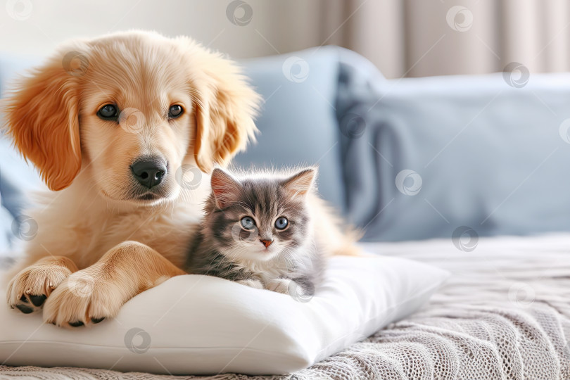 Скачать Очаровательные щенок и котенок лежат вместе в любовных объятиях, в светлой комнате. фотосток Ozero