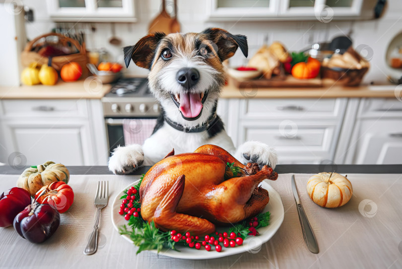 Скачать счастливая забавная собачка смотрит на стол и готовит курицу на кухне. фотосток Ozero