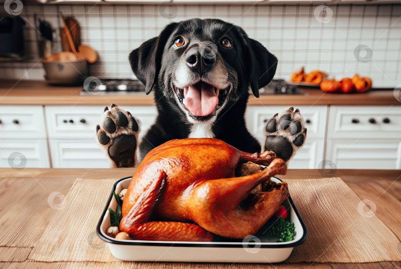 Скачать забавная собачка смотрит на приготовленную курицу на кухне. фотосток Ozero