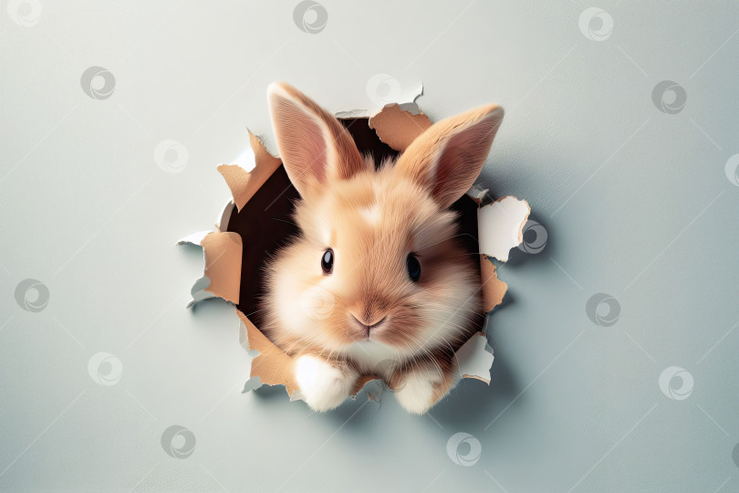 Скачать Милый пасхальный кролик выглядывает из разорванного бумажного фона. фотосток Ozero