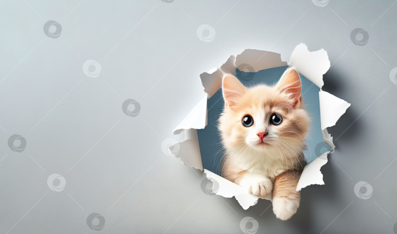 Скачать Кот выглядывает из дырки на фоне студии. Домашнее животное выглядывает из разорванной бумаги фотосток Ozero