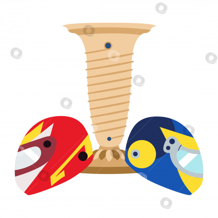 Скачать Иллюстрация борьбы двух гонщиков за кубок. Утепленные красные и синие каски. Векторная иллюстрация фотосток Ozero