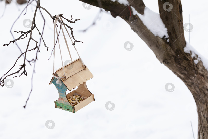 Скачать Кормушка для птиц с зерном и кусочками хлеба висит на ветке на фоне снега фотосток Ozero