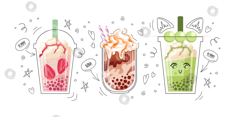 Скачать Набор bubble tea, pearl milk tea, boba, тайваньский напиток. Шарики Матча Данго на палочке. жевательные шарики из тапиоки с травяным желе, красной фасолью. Со взбитыми сливками и карамелью, ягодный топпинг. Для меню, кафе, флаера. фотосток Ozero