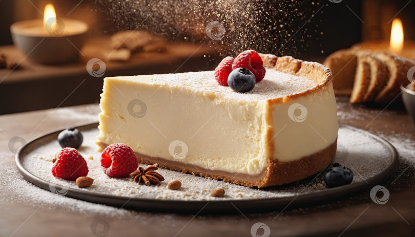 Скачать Кусочек чизкейка на темном фоне. Кусочек вкусного торта на белой тарелке подается десертной вилкой фотосток Ozero