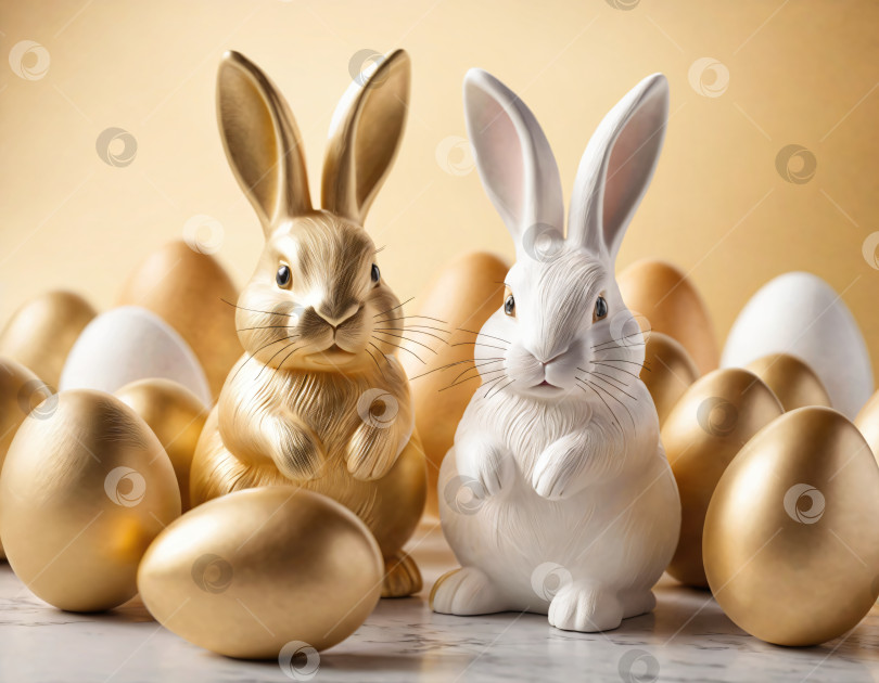 Скачать Пасхальный кролик, пасхальные яйца, украшения. Абстрактный размытый фон Пасхи. Символ праздника. фотосток Ozero