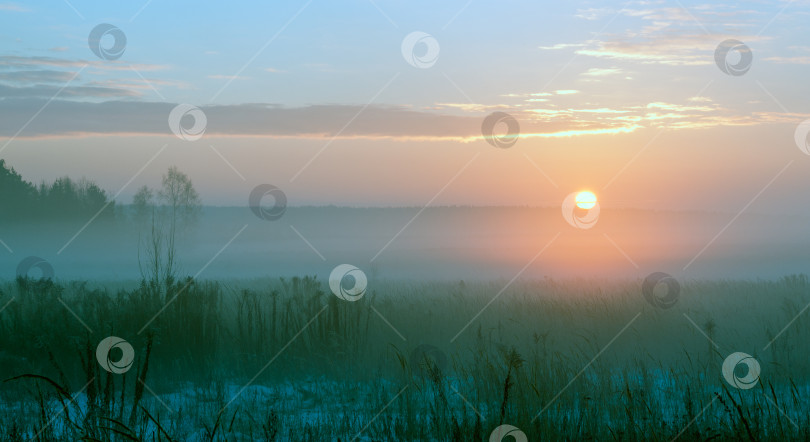 Скачать Туманное зимнее утро встречает солнечный рассвет фотосток Ozero