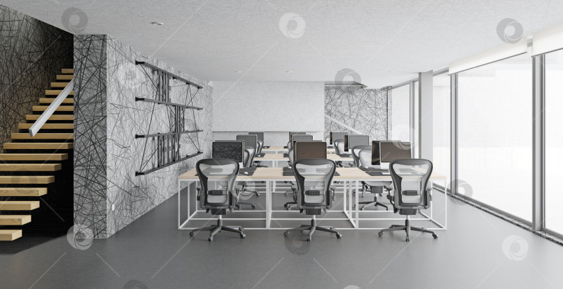 Скачать Интерьер современного офиса с голубыми стенами, бетонным полом фотосток Ozero