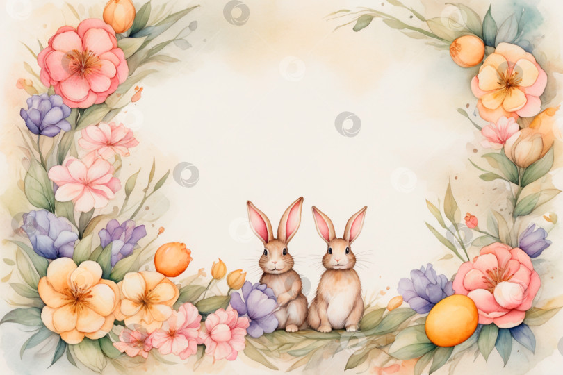 Скачать Фон для поздравления с Пасхой с кроликами и цветочной рамкой фотосток Ozero
