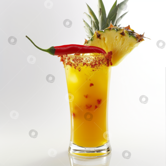 Скачать Острый ананасовый напиток с чили, гарнир по краю, в бокале на белом фоне. фотосток Ozero