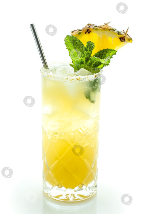 Скачать Высокий бокал для ананасового коктейля с мятным гарниром, металлической соломинкой и кусочком фрукта, выделенным на белом фоне. фотосток Ozero