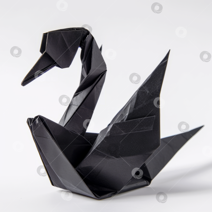 Скачать Черный лебедь оригами, 3D-рисунок из бумаги, замысловатые складки, вид в профиль, выделенный на белом фоне тенью. фотосток Ozero