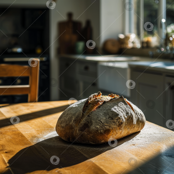 Скачать Свежеиспеченный хлеб на закваске на деревянном кухонном столе, теплый солнечный свет, уютная домашняя атмосфера, деревенский стиль. фотосток Ozero