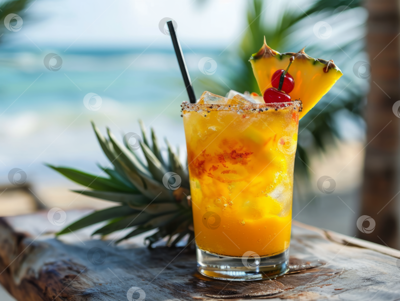 Скачать Пляжный коктейль с кусочком ананаса, вишней, видом на океан, тропический напиток на деревянном столе, атмосфера солнечного побережья. фотосток Ozero