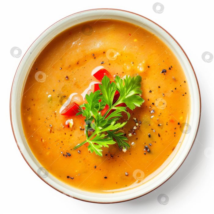 Скачать Сливочно-томатный суп в миске, гарнир из свежей петрушки, нарезанные кубиками помидоры, молотый перец, выделенные на белом фоне. фотосток Ozero