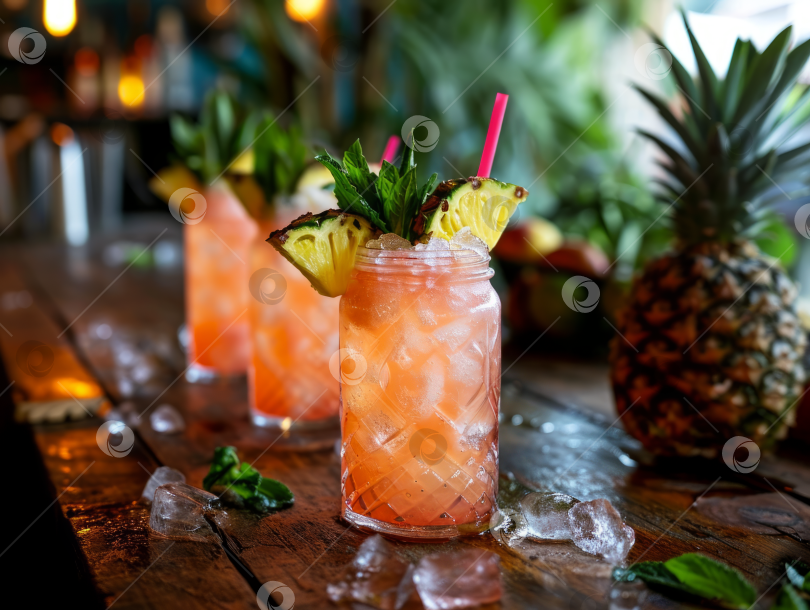 Скачать Охлажденные ананасовые напитки на барной стойке с соломинками, мятой и льдом - яркое летнее освежение. фотосток Ozero
