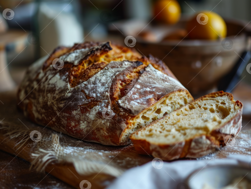 Скачать Хрустящий хлеб на закваске, нарезанный ломтиками, на скатерти, сервировка кухонного стола с молоком и фруктами на заднем плане, детализированная текстура. фотосток Ozero