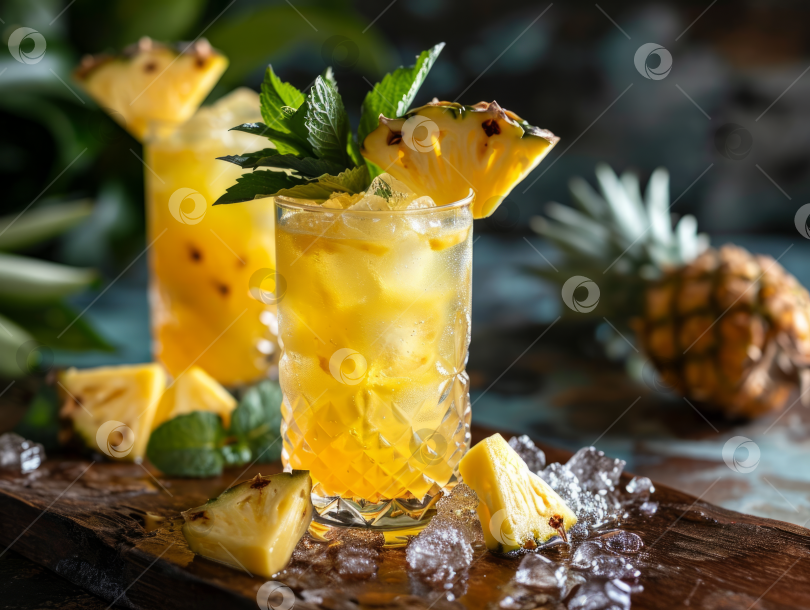 Скачать Ананасовый коктейль со льдом и мятным гарниром, тропический напиток, летнее освежающее блюдо, подается на деревянной доске. фотосток Ozero