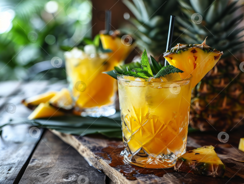 Скачать Ананасовые коктейли на стойке бара, украшенные ломтиками ананаса и мятой, освежающие тропические напитки крупным планом. фотосток Ozero