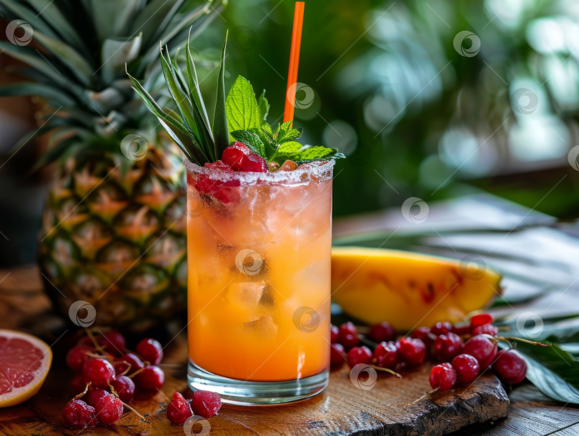 Скачать Фруктовый тропический напиток с мятным гарниром, фон из ананаса, ломтик грейпфрута, яркие цвета, деревянная поверхность. фотосток Ozero