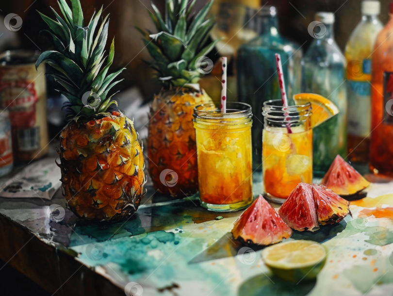 Скачать Набор для приготовления напитков из тропических фруктов со свежими ананасами, арбузом, цитрусовыми и разноцветными соломинками - концепция летнего напитка. фотосток Ozero