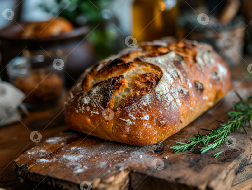 Скачать Хлеб на закваске ручной работы на деревянной доске, глянцевая корочка с розмарином, домашняя выпечка, теплая атмосфера деревенской кухни. фотосток Ozero