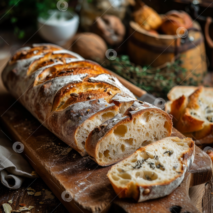 Скачать Хлеб ручной работы на деревянной доске, фон деревенской кухни. фотосток Ozero