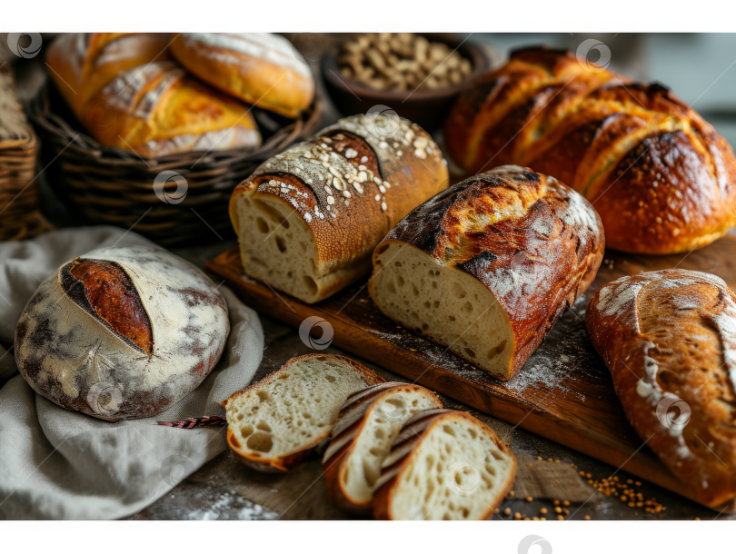 Скачать Разнообразие свежеиспеченного хлеба на деревянном столе, батоны ручной работы, нарезанные ломтиками и целые с семечками, ассортимент хлебобулочных изделий. фотосток Ozero