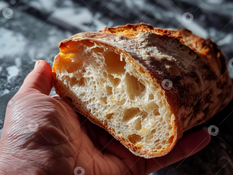 Скачать Рука, держащая кусок свежеиспеченного хлеба с хрустящей корочкой, крупным планом мягкая воздушная начинка, домашняя закваска. фотосток Ozero