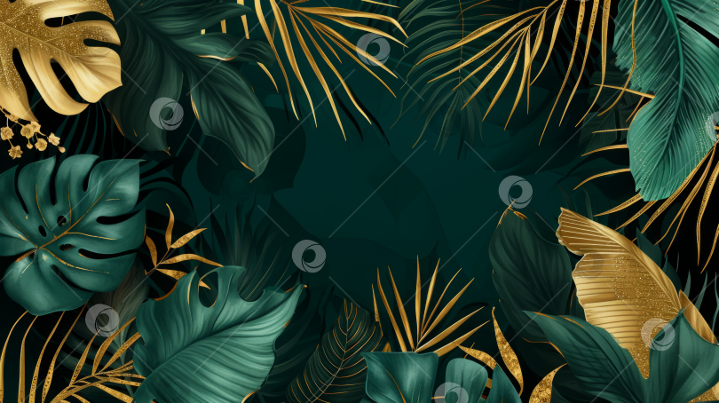 Скачать Узор из тропических листьев с золотыми вставками, темно-зеленый фон, монстера и пальмовые листья, роскошный дизайн обоев. фотосток Ozero