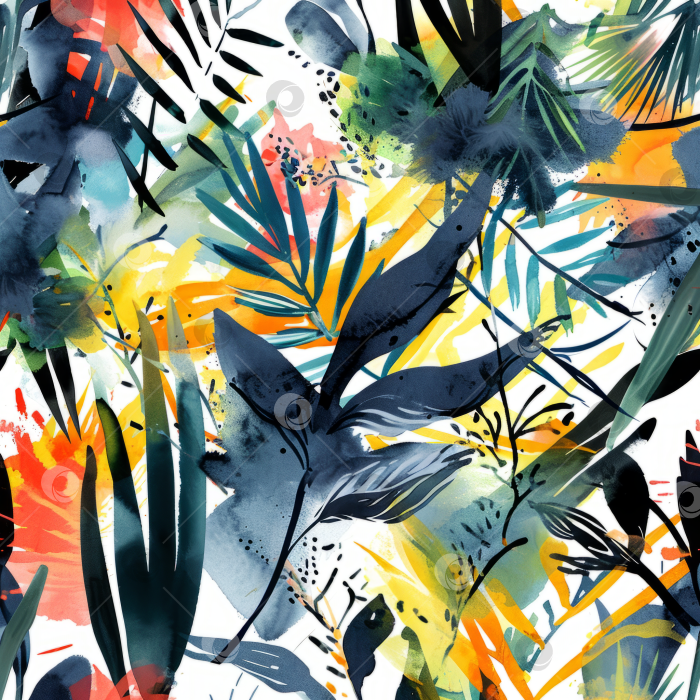 Скачать Абстрактная тропическая акварельная живопись, яркие листья и брызги, красочный ботанический узор, художественный фон. фотосток Ozero