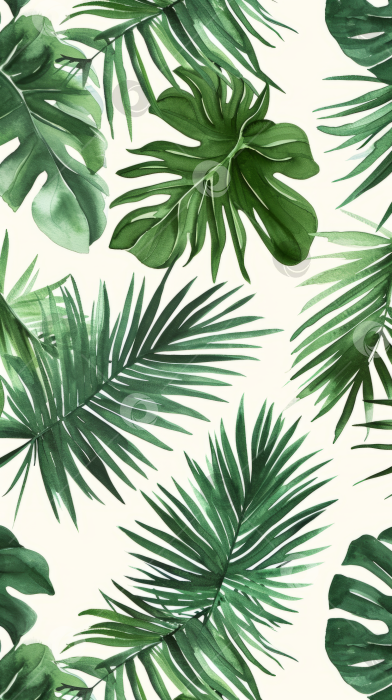 Скачать Узор из зеленых тропических листьев, монстера и пальма, акварельная иллюстрация, белый фон, вертикальный макет. фотосток Ozero