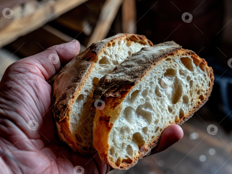 Скачать Рука, держащая кусок хрустящего хлеба на закваске с воздушным мякишем, в обстановке деревенской пекарни, крупным планом. фотосток Ozero