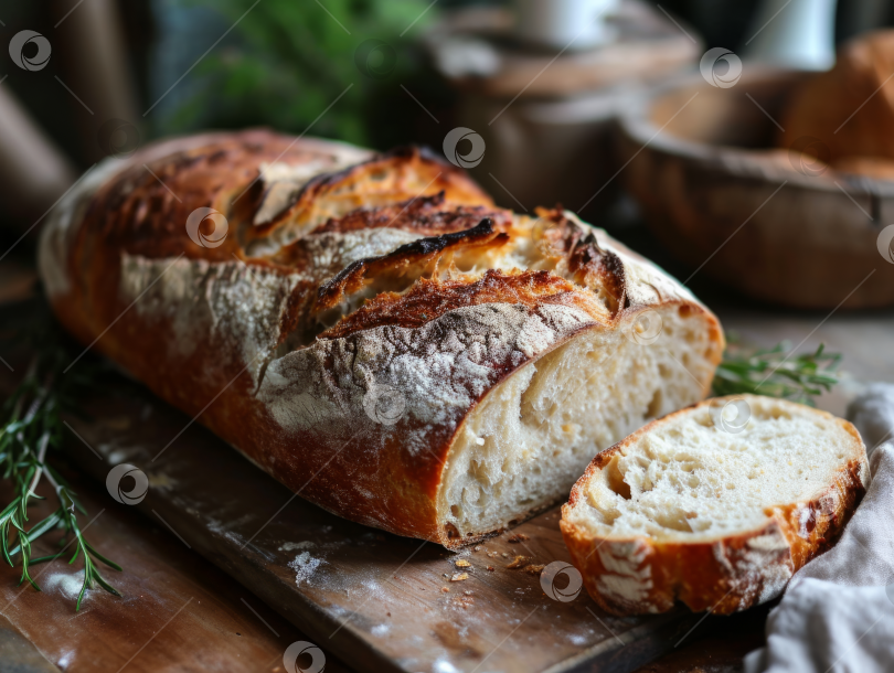 Скачать Хрустящий хлеб ручной работы на деревянной разделочной доске, свежая выпечка, изысканный хлеб на закваске, кухонная утварь с зеленью. фотосток Ozero
