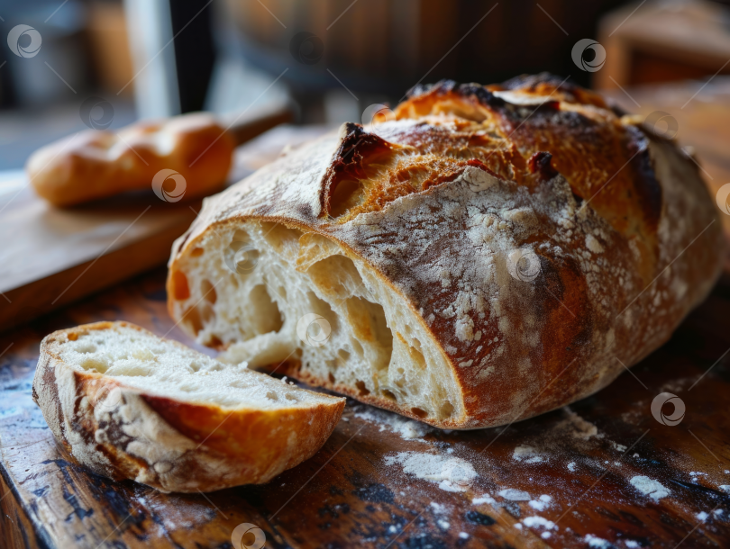 Скачать Буханка хлеба на закваске ручной работы, хрустящая, разрезанная на деревянной доске, на фоне пекарни, вид сбоку крупным планом. фотосток Ozero