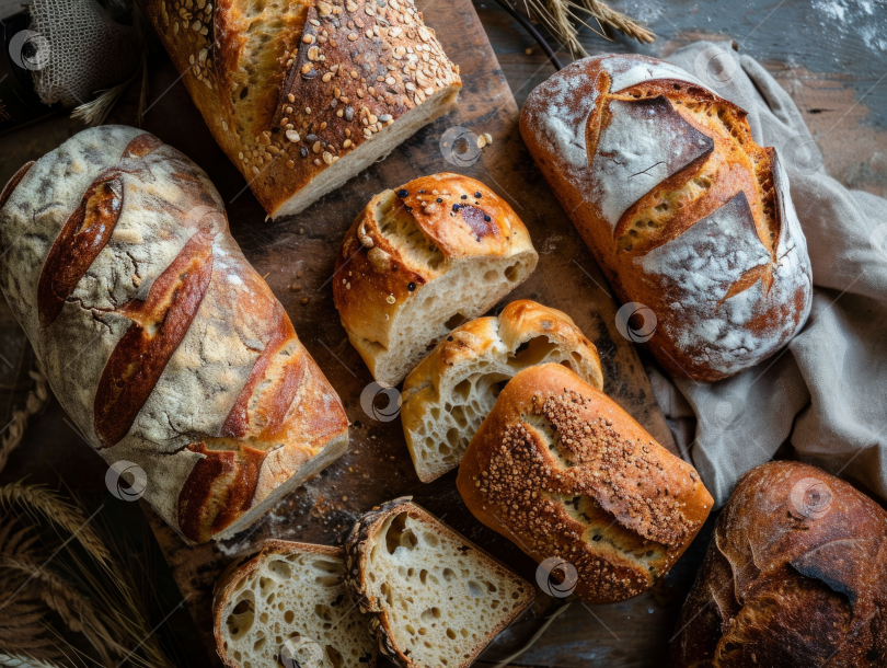 Скачать Ассортимент свежеиспеченного хлеба, различные буханки с семечками и корочкой, витрина пекарни, фотография еды в деревенском стиле. фотосток Ozero