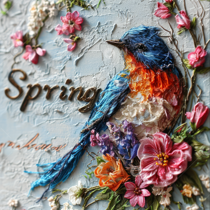 Скачать Красочная вышивка из птиц и цветов с надписью "Весна". фотосток Ozero