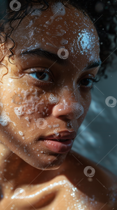Скачать Молодая женщина с мыльной водой на лице, свежесть душа, естественная красота. фотосток Ozero