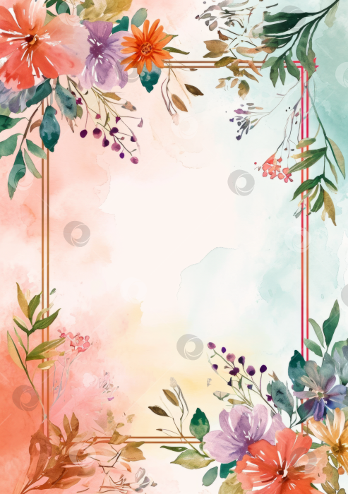 Скачать Цветочная акварельная рамка с яркими цветами и листьями для весенних или свадебных приглашений. фотосток Ozero